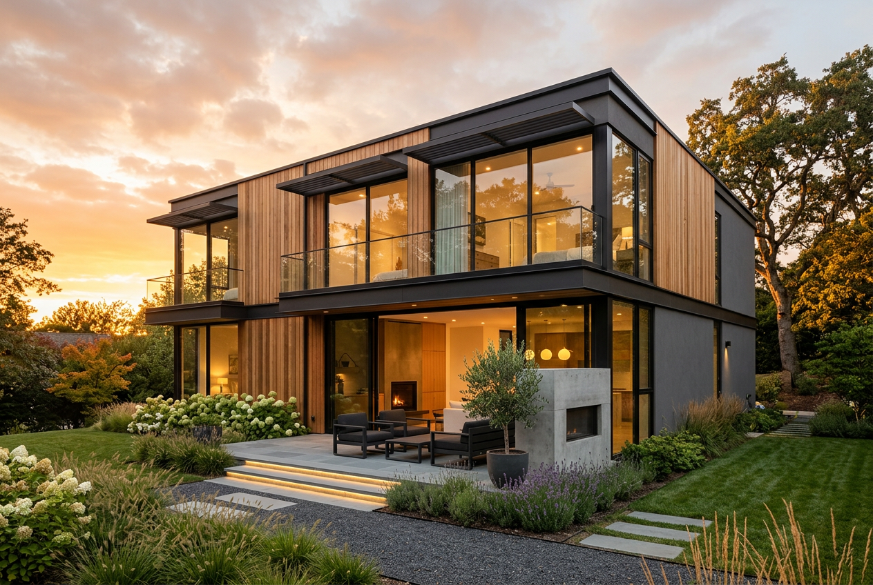 A modern remodeled home at sunset